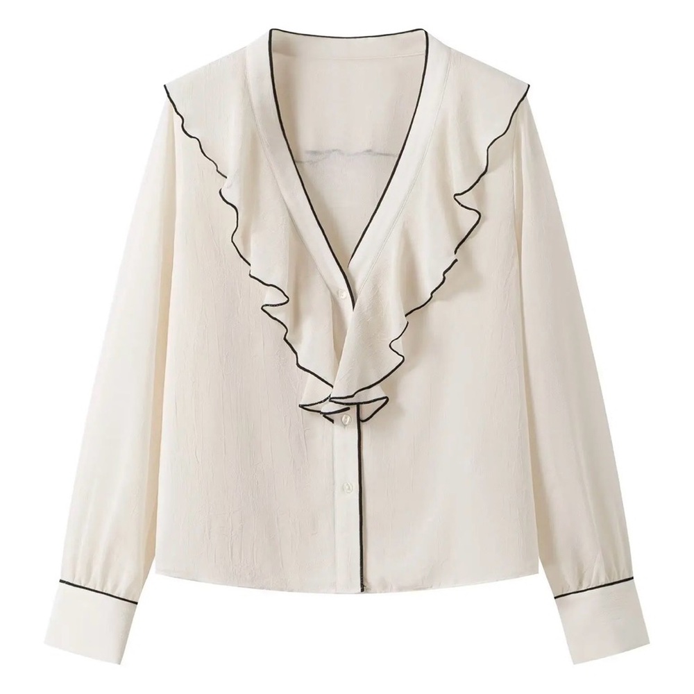 ZARA Cream Sheer Ruffle Blouse Black Trim Romantic Top NWOT Size M